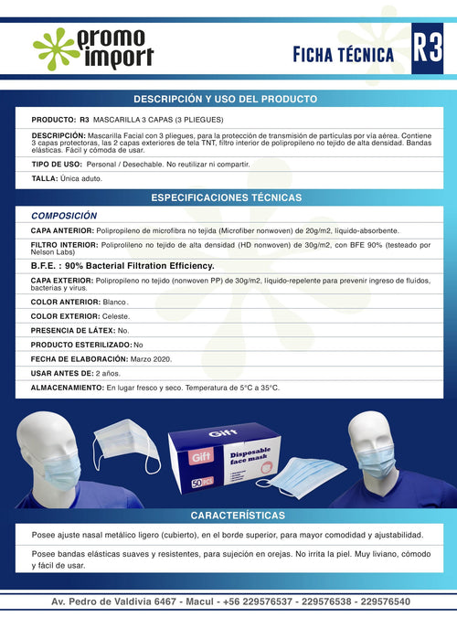 CAJA de 50 mascarillas de 3 capas No-médica / B.F.E. 90%