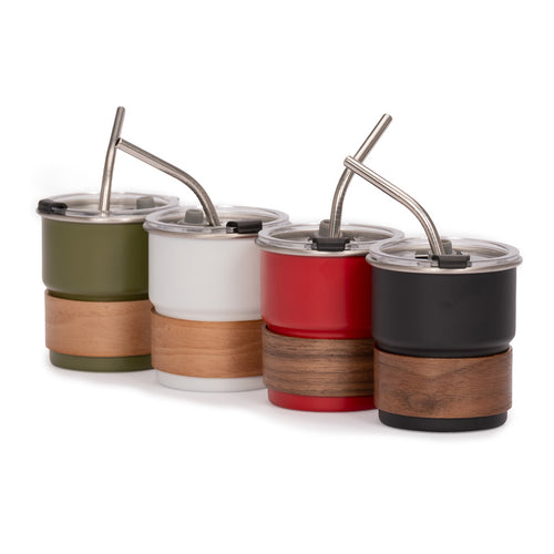 Vaso Térmico metálico "CAMP" 300cc. con Bombilla y Grip de Madera.