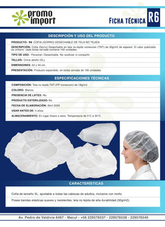 Set de 100 Cofias (Gorros) Desechables 30g/m2