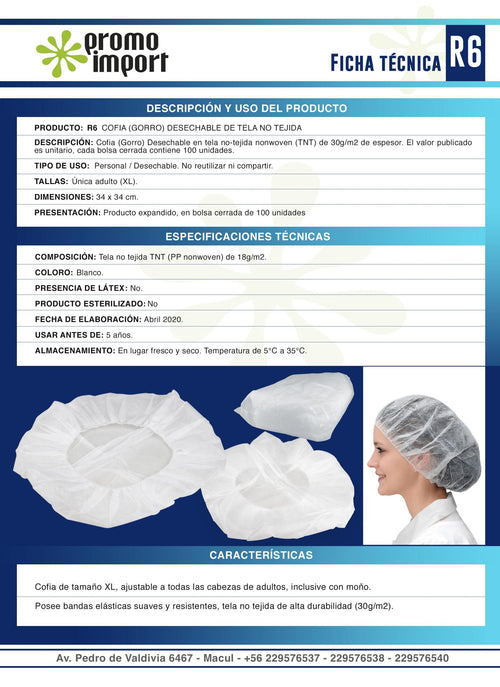 Set de 100 Cofias (Gorros) Desechables 30g/m2